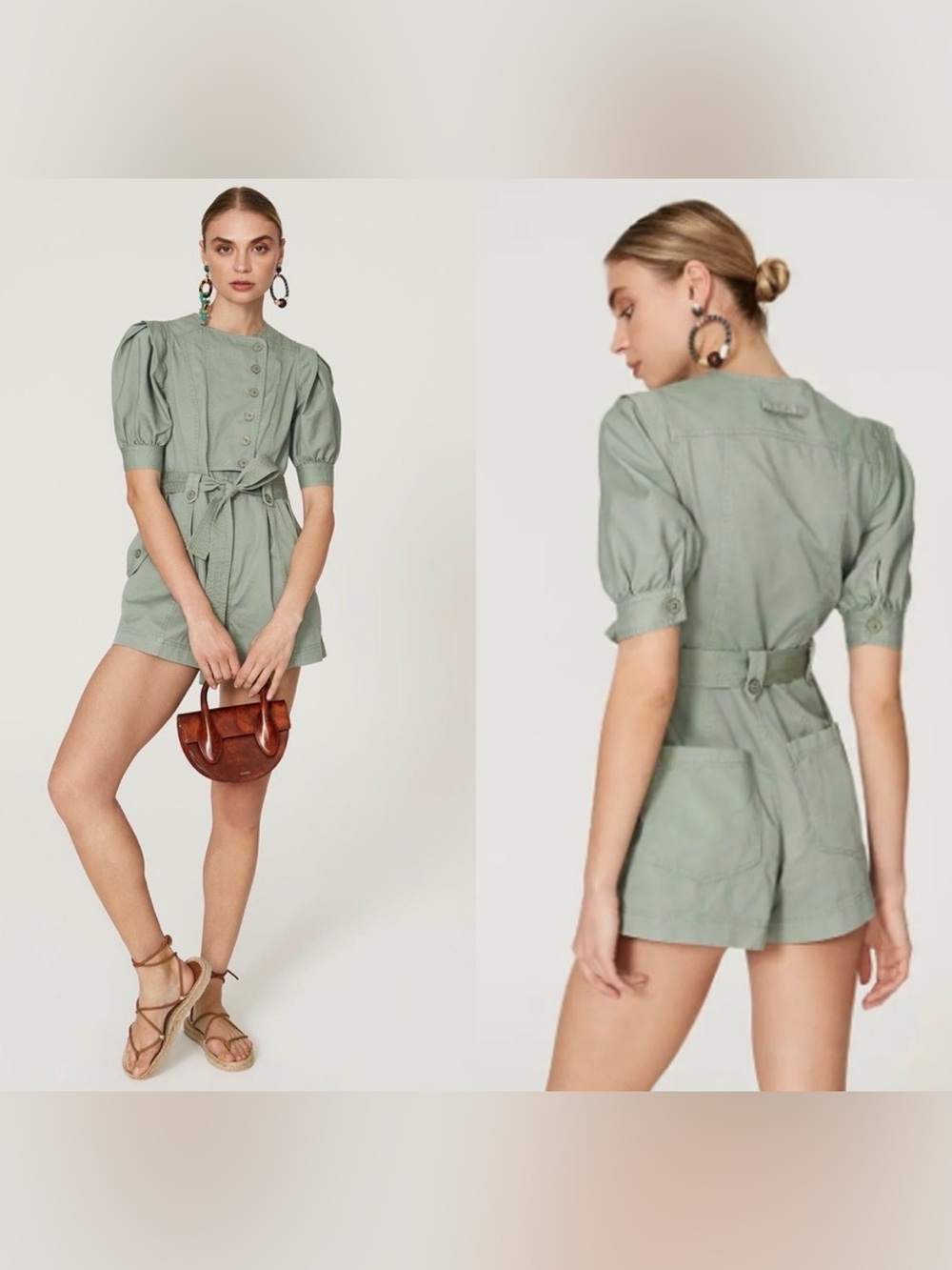 Ulla Johnson Carmine Romper Sage Green Puff Sleeve Belted Size 4
